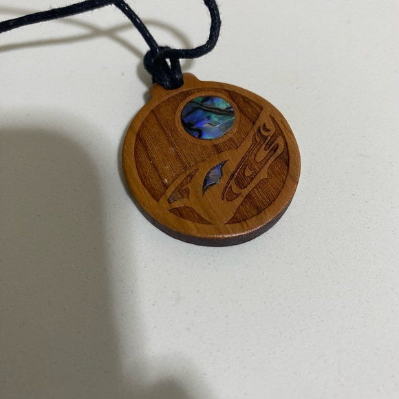 Wood and Abalone Wolf Pendant by Artist Shain Jackson - Picture 4 of 7